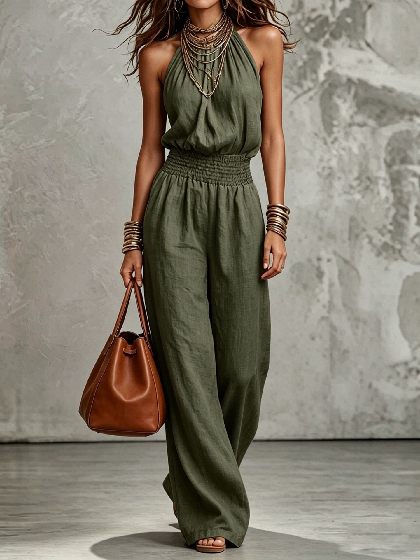 Women's Sleeveless Open-Back Tie-Waist Halter Wide-Leg Jumpsuit