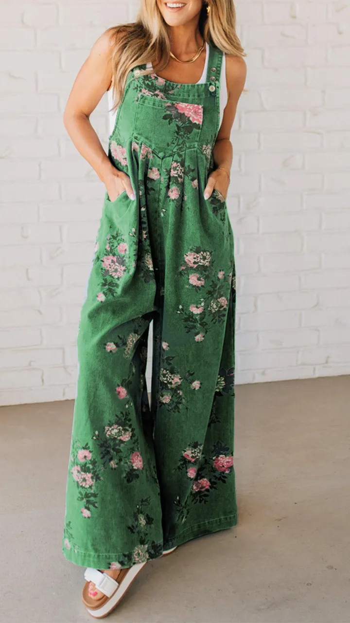 Floral Print Denim Sleeveless Jumpsuit with Pockets
