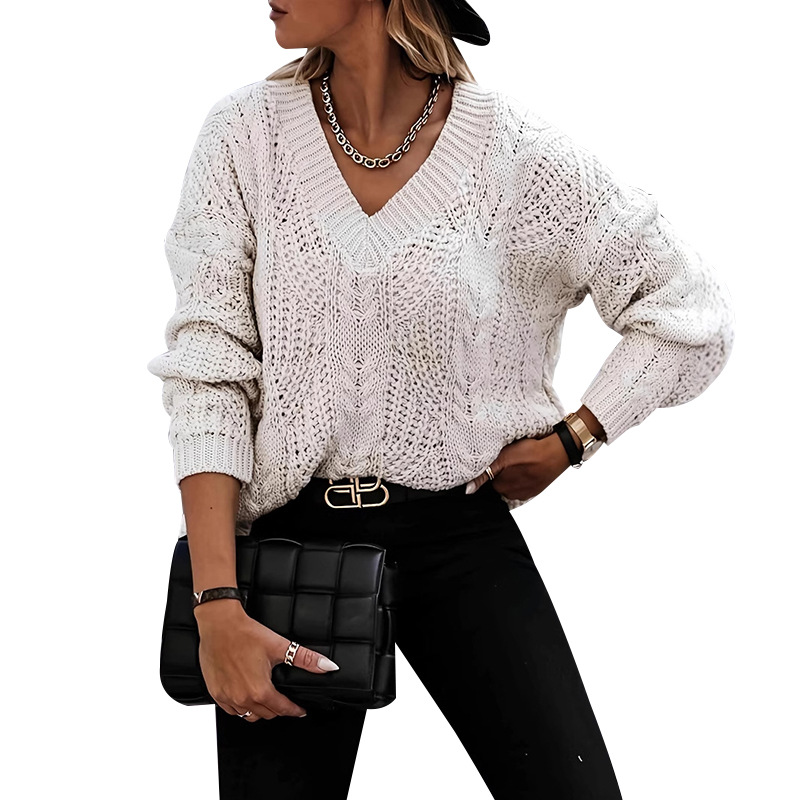 Women's Casual Open-Knit V-Neck Long-Sleeve Sweater