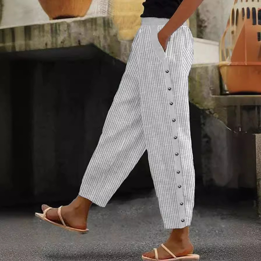 Striped Print Button Elastic Waist Cropped Pants with Pockets