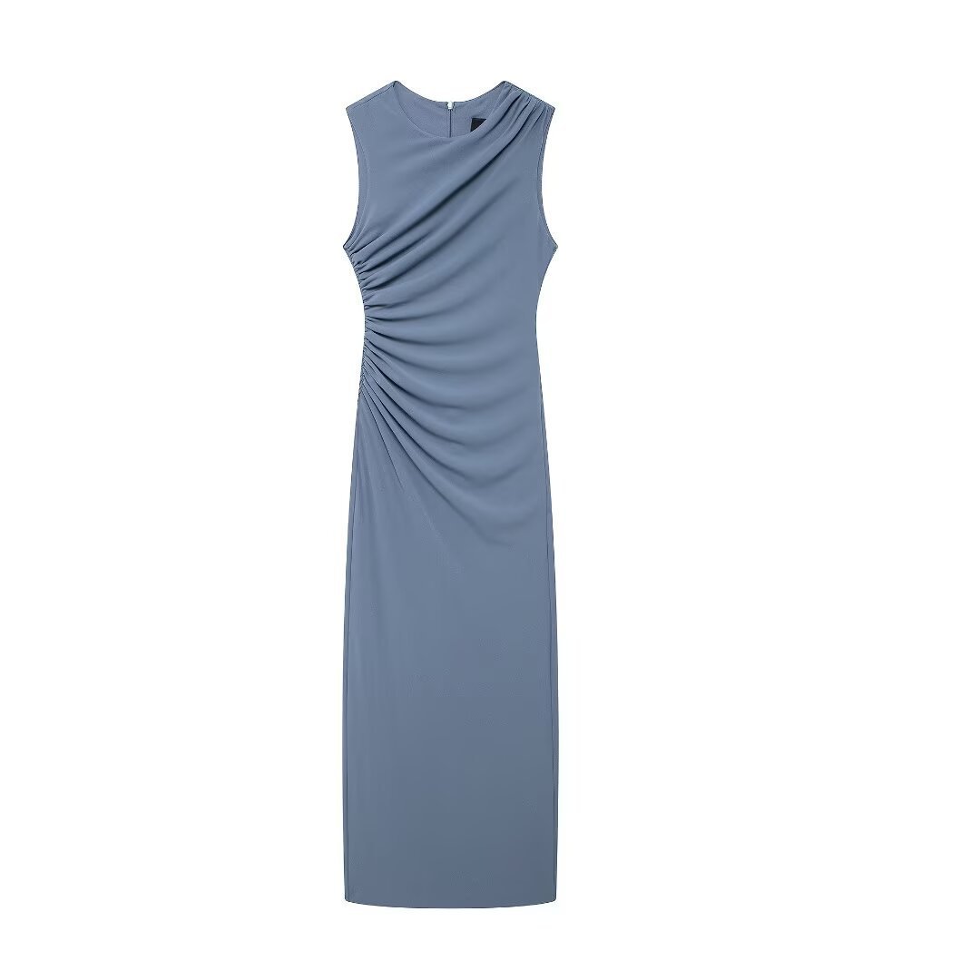 Women's Slim Fit Pleated Midi Dress Sleeveless Round Neck