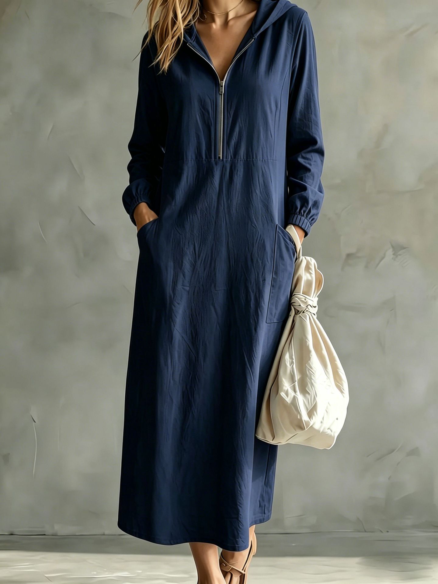 Hooded Half-Zip Cotton-Linen Long Sleeve Dress with Cuffed Sleeves