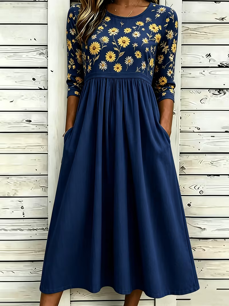 Women's Floral Print Pleated Midi Dress Round Neck Five-Sleeve Slim Fit