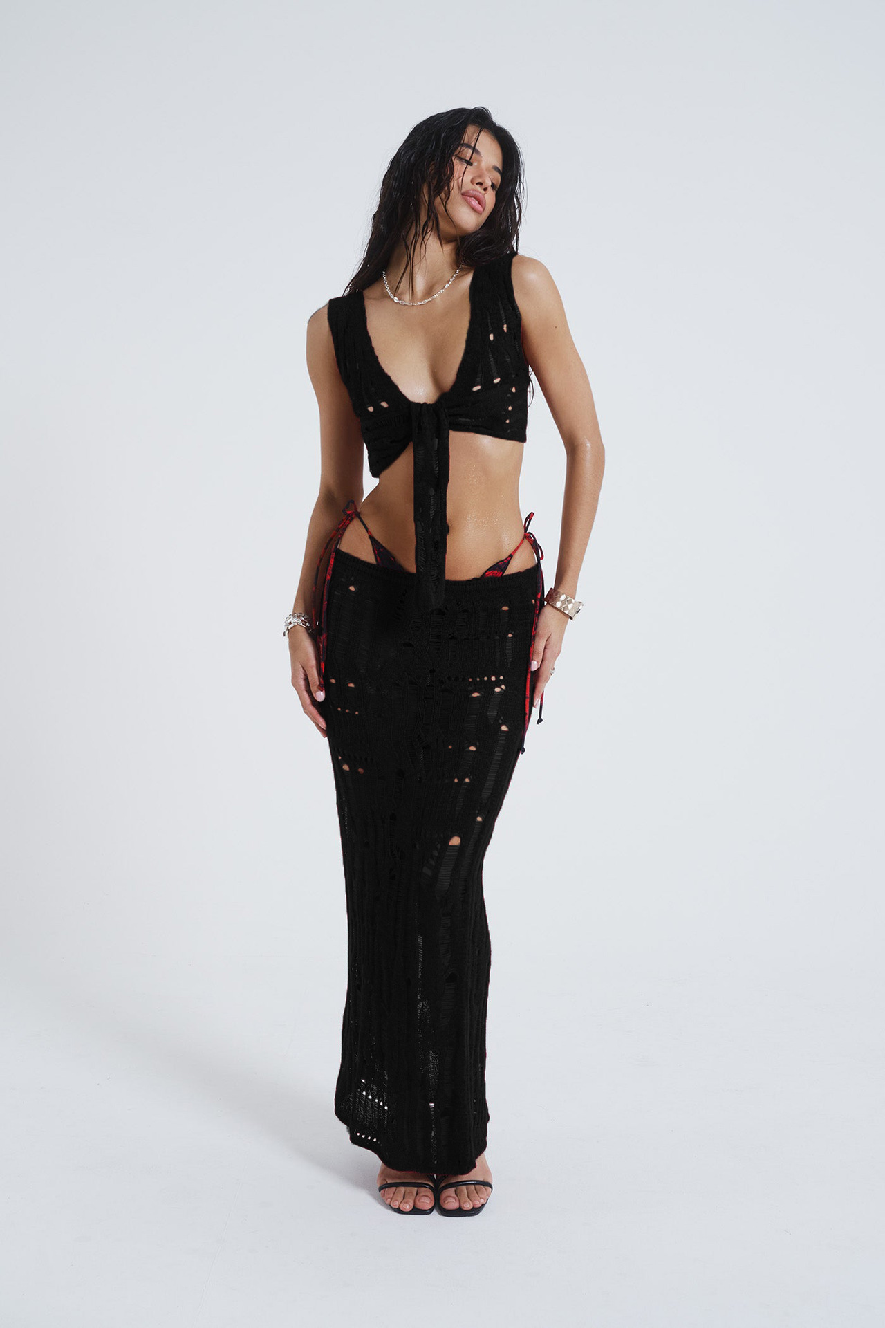 Women's Sexy Lace-Up Sleeveless Tank Top and Bodycon Midi Skirt Knit Set