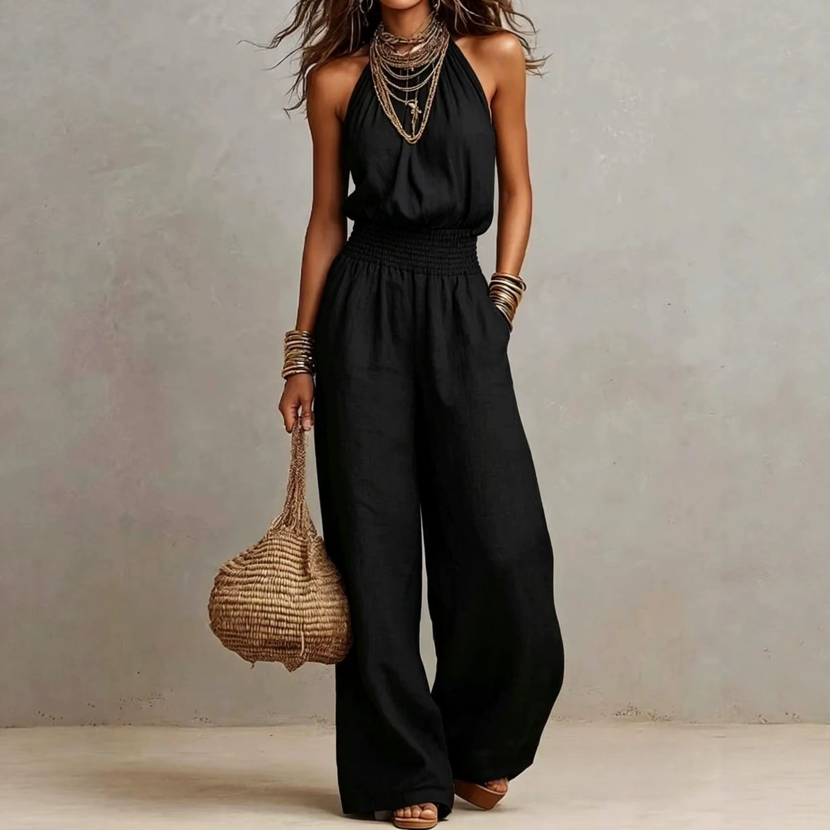 Women's Sleeveless Solid Color Wide-Leg Jumpsuit with Pockets
