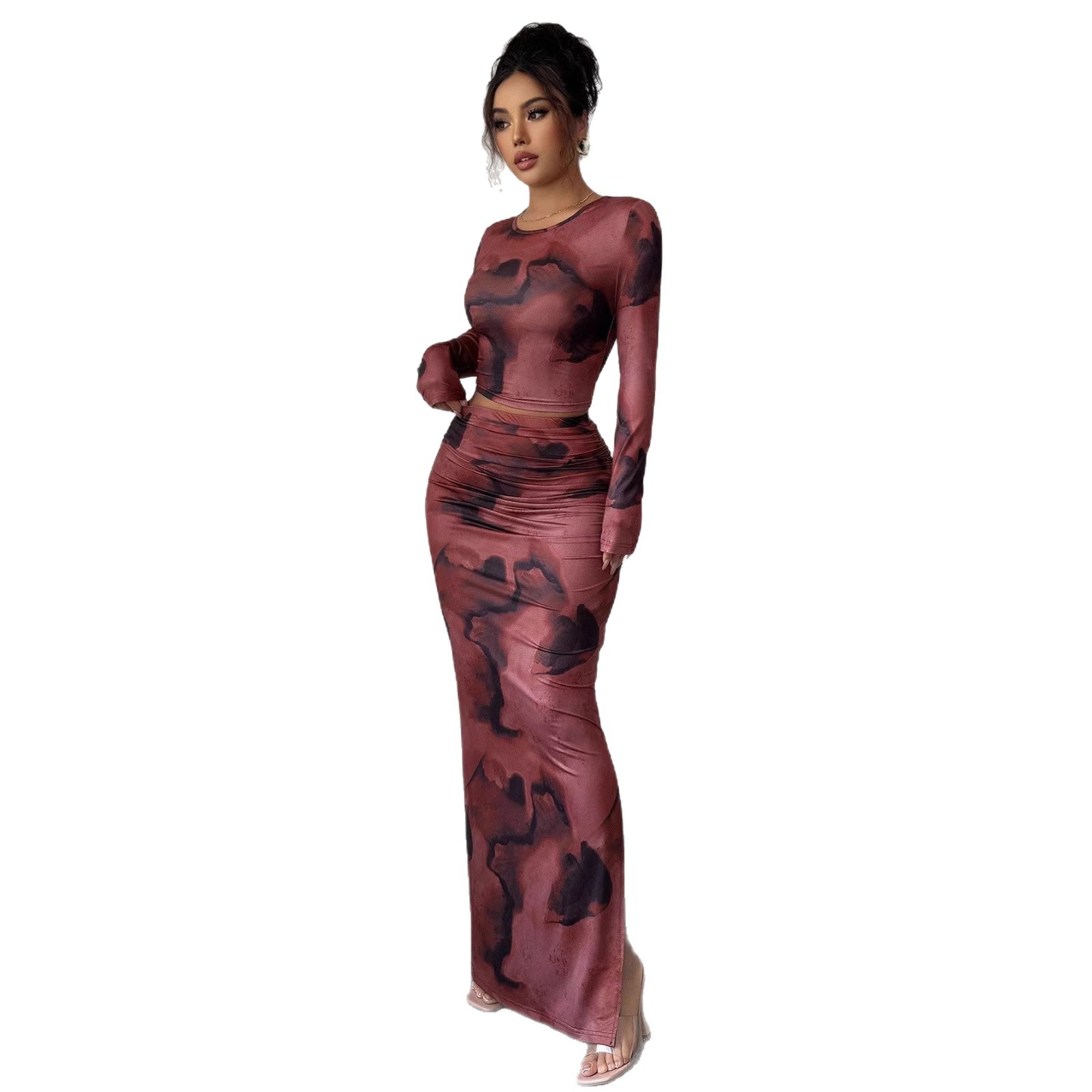 Women's 2-Piece Tie-Dye Long-Sleeve T-Shirt and Bodycon Maxi Skirt Set