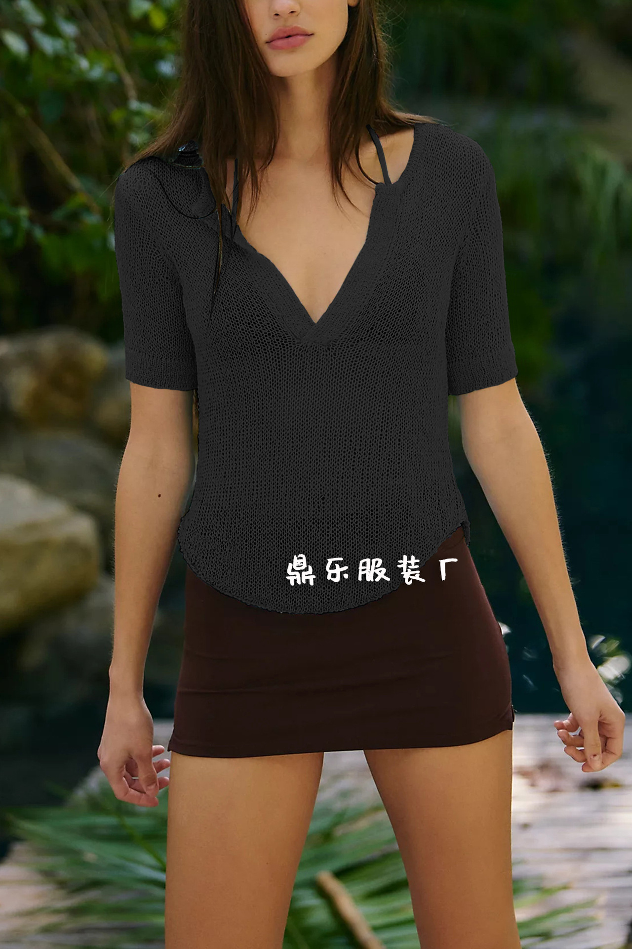 Women's Loose Solid V-Neck Knit Top Short Sleeve Pullover