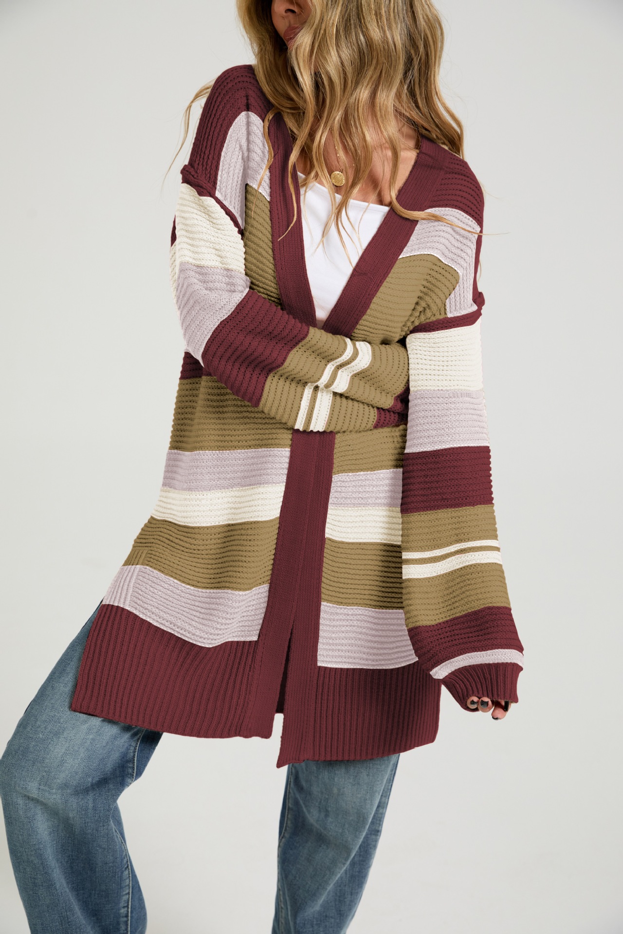Color-Block Slit Long-Sleeve Cardigan Knit Sweater