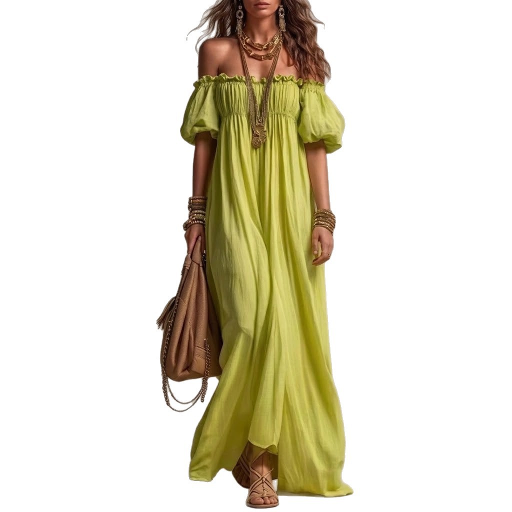 Off-Shoulder Puff Sleeve Long Dress Casual Loose Beach Vacation