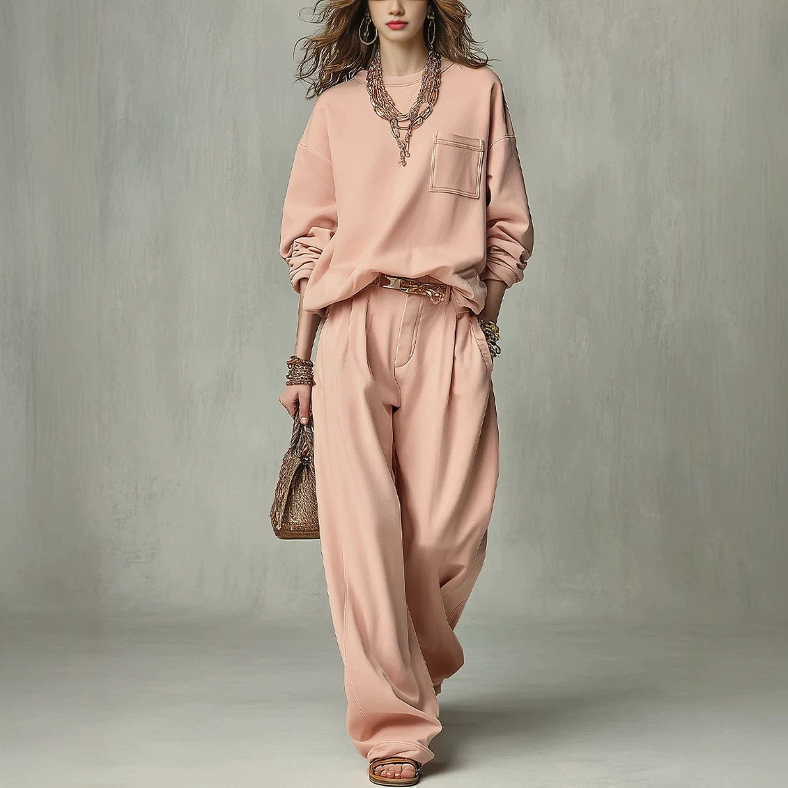 Relaxed Crewneck Sweatshirt & High-Waist Pleated Wide-Leg Pants Set (Belt Not Included)