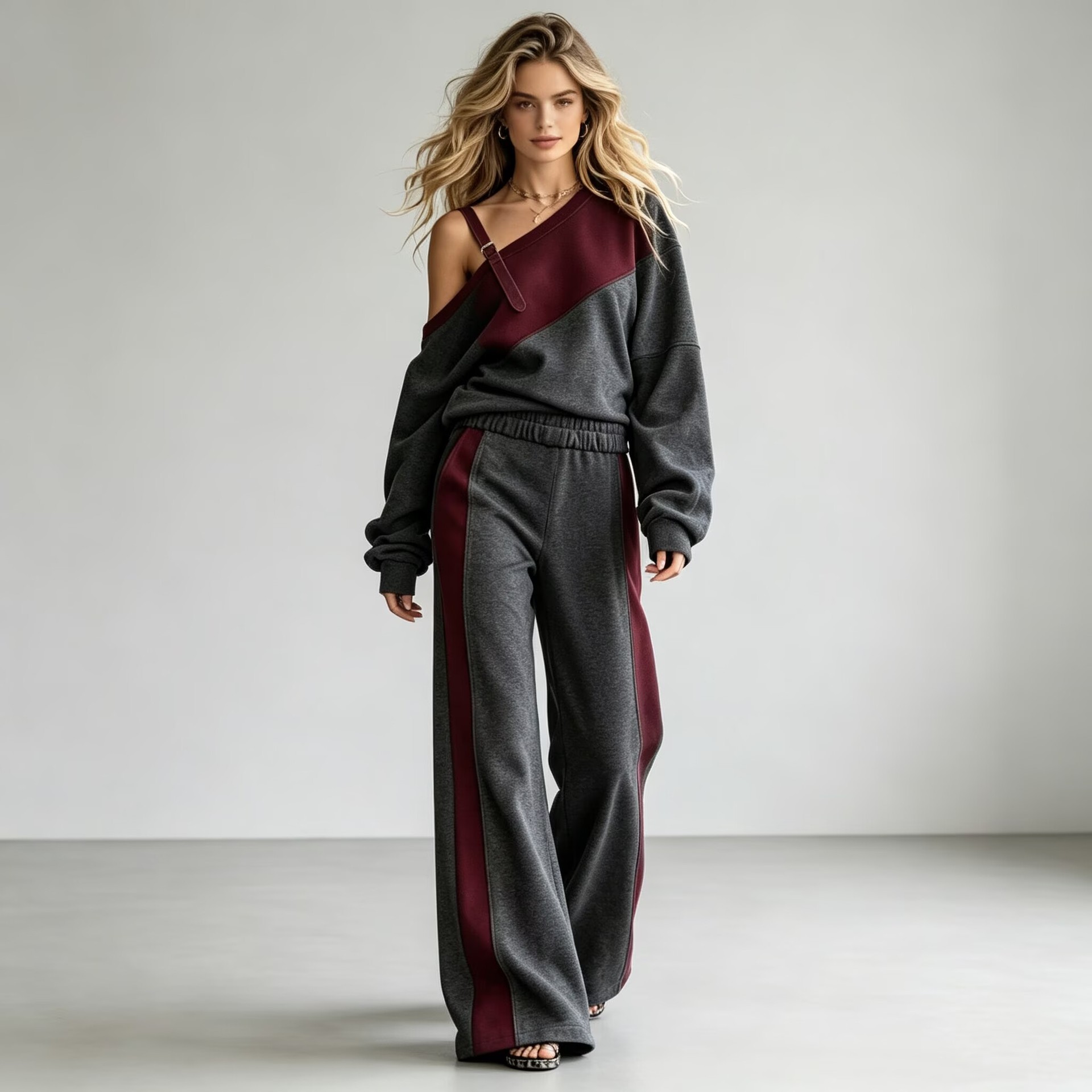Women's Colorblock One-Shoulder Sweatshirt & Wide-Leg Pants Set