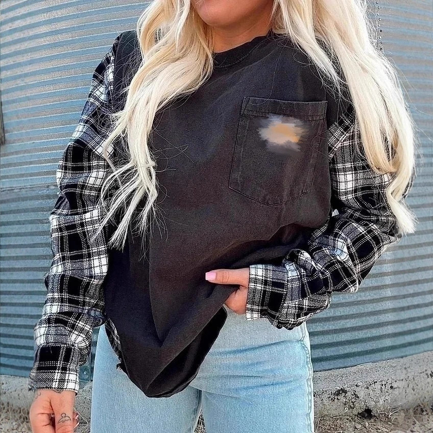 Women's Vintage Round Neck Long Sleeve Plaid Patchwork Sweatshirt