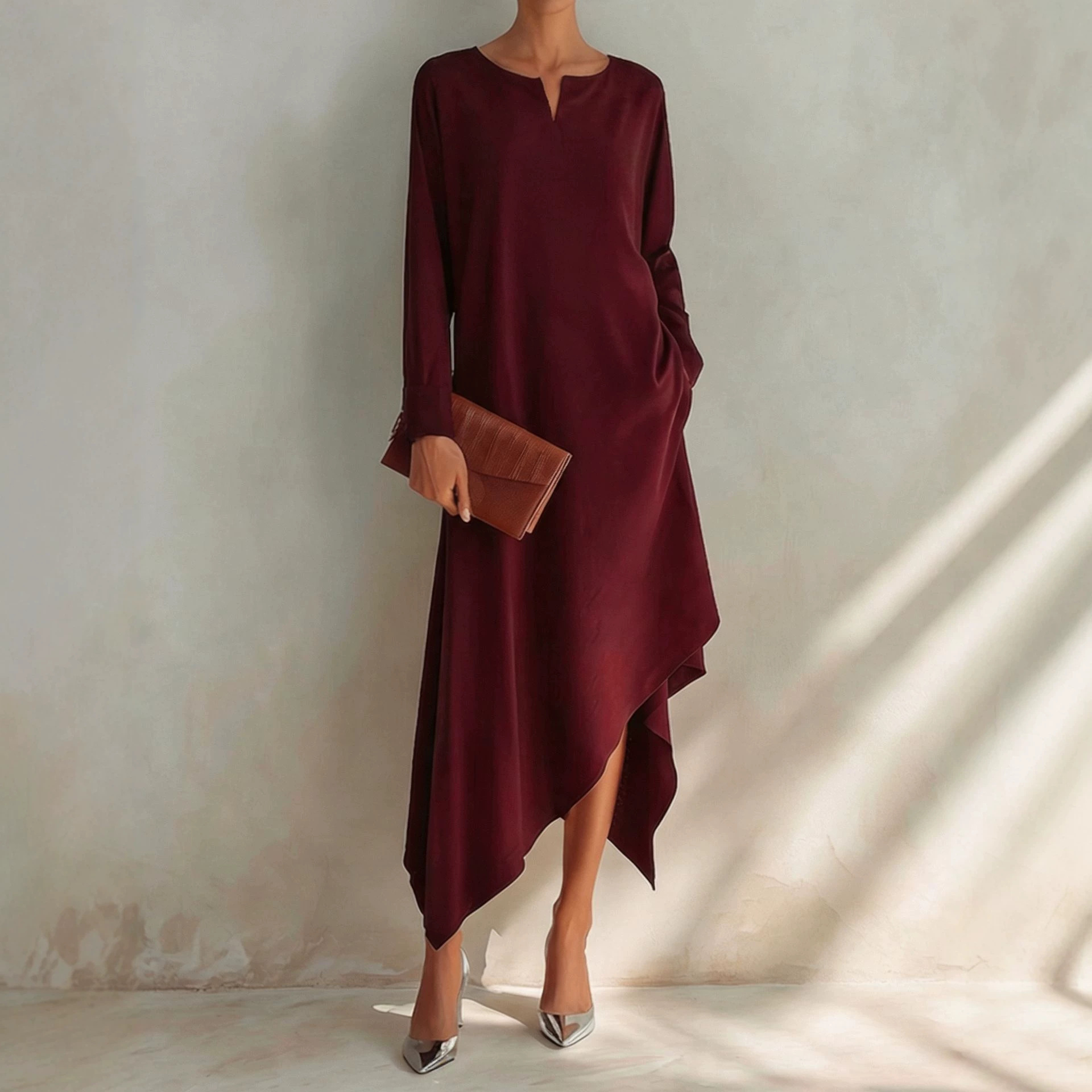 Solid V-Neck Asymmetrical Hem Cotton-Blend Midi Dress