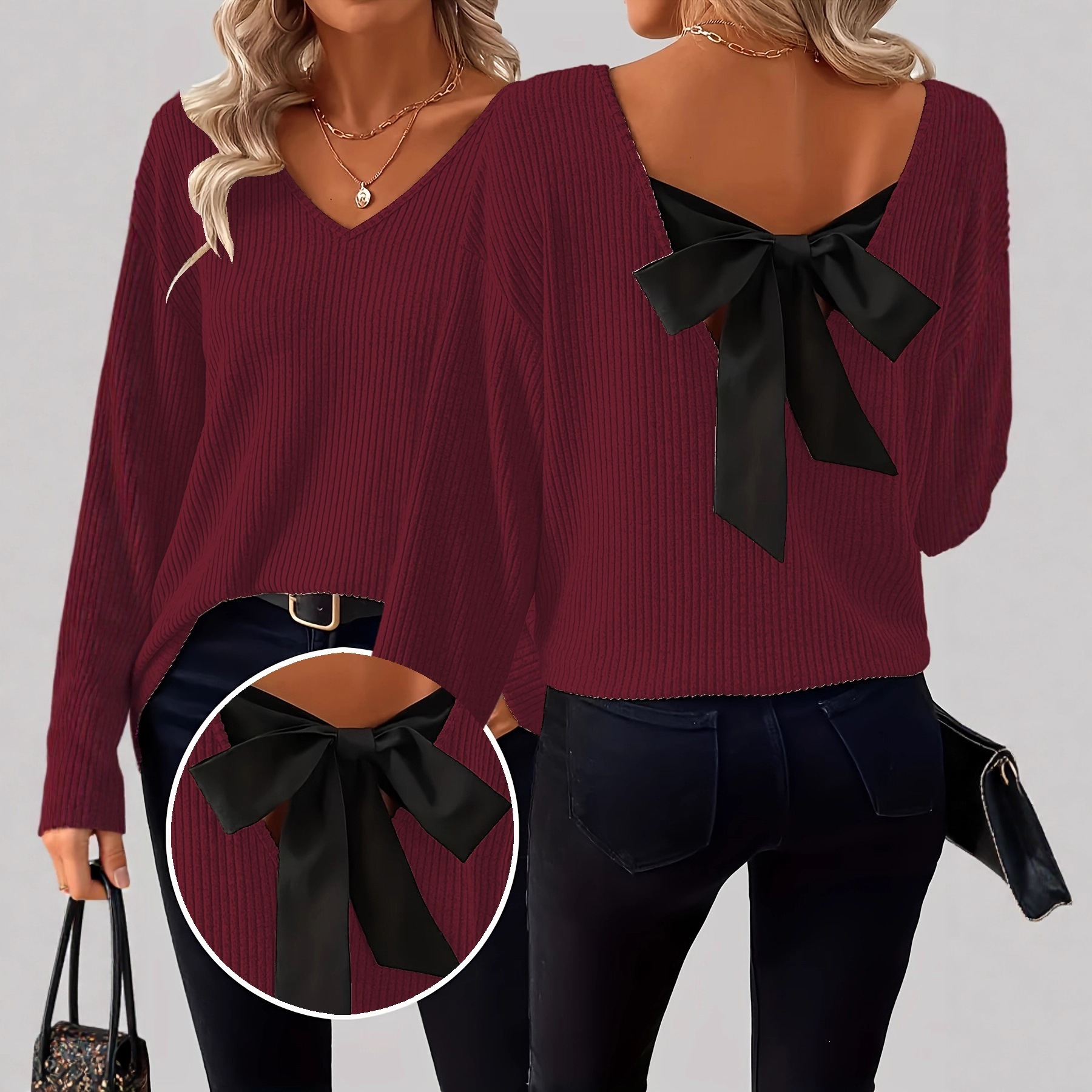 V-Neck Bow Pullover Sweater