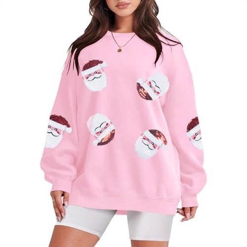 Women's Christmas Santa Tree Print Crewneck Sweatshirt