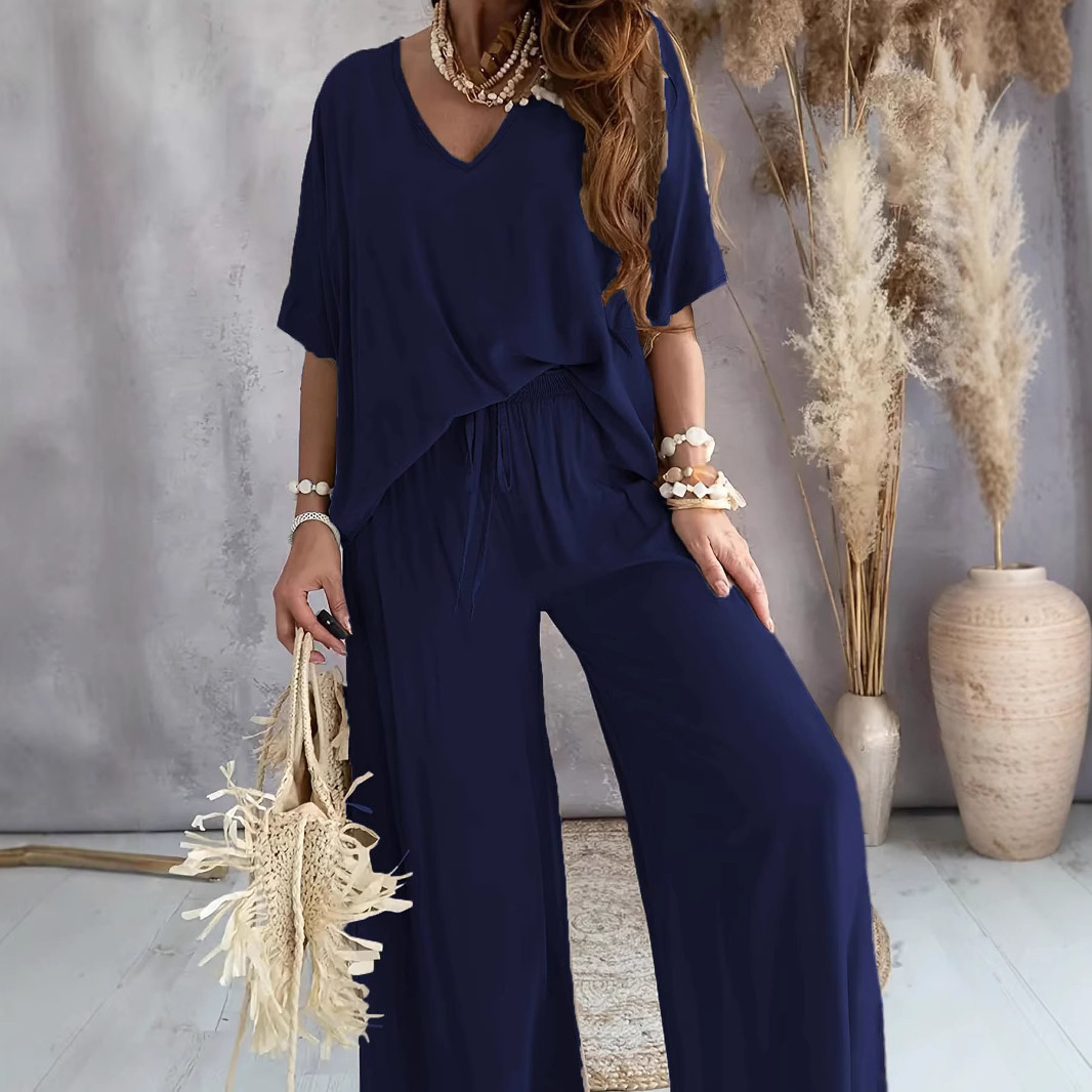 V-Neck Batwing Sleeve Wide-Leg Pants Set Women's Casual Loose Two-Piece
