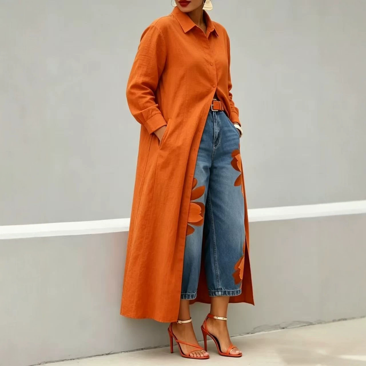 Yellow Long Shirt Jacket & Floral Wide-Leg Jeans Set