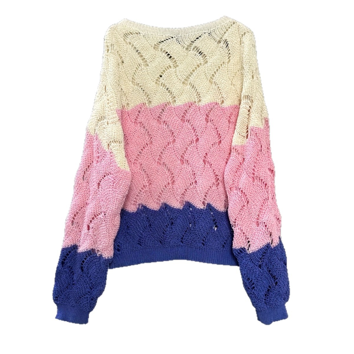 Women's Winter Crewneck Colorblock Open-Knit Pullover Sweater