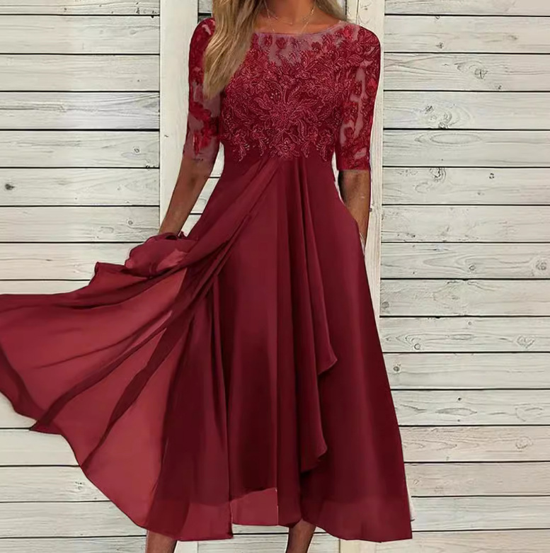Women's Chiffon Lace Hollow-Out Long Dress Bridesmaid Evening Gown
