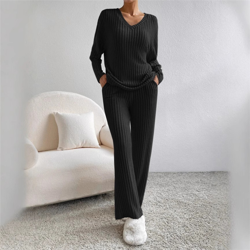 Women's Two-Piece V-Neck Knit Top and Straight-Leg Pants Set