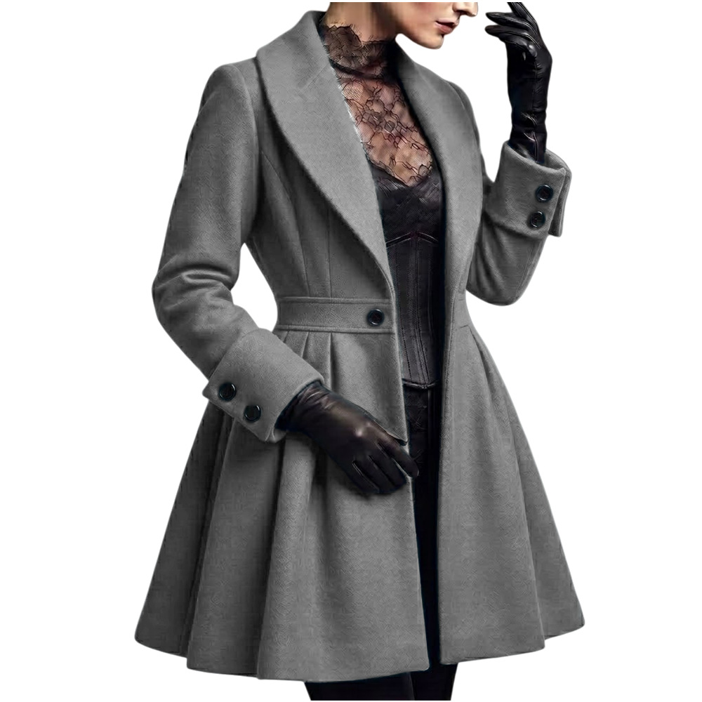 Women's Long Wool-Blend Pleated Coat Dress with One-Button Closure