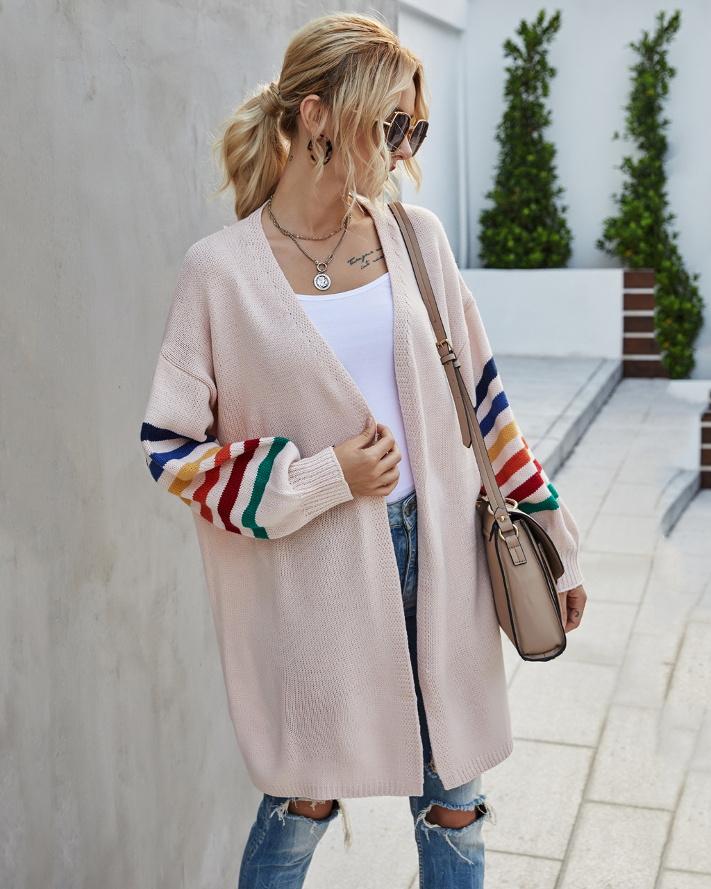 Women's Loose Knit Cardigan Sweater with Batwing Sleeves