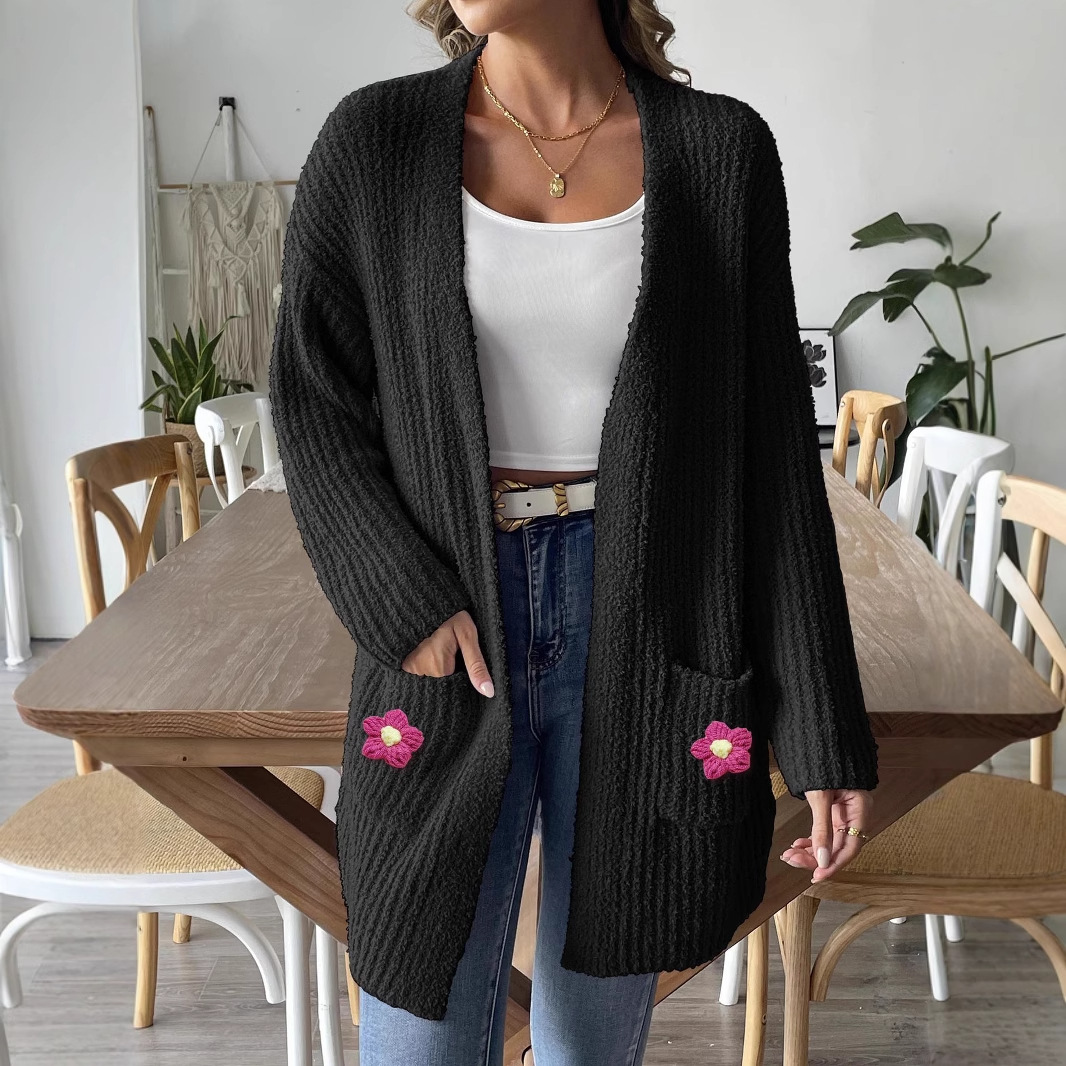 Women's Knit Cardigan with Hand-Crochet Floral Appliqué and Dual Pockets