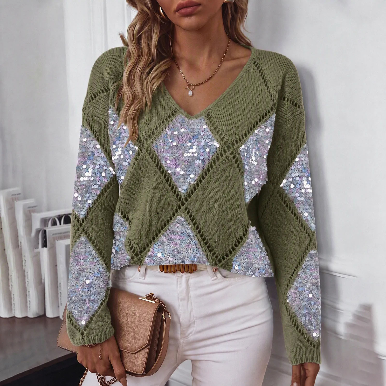 Openwork Sequin Knit Sweater Women's Solid Diamond V-Neck Loose Pullover