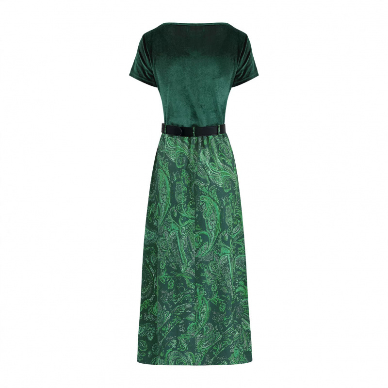 TUME Vintage Velvet Paisley Patchwork Dress with Belt