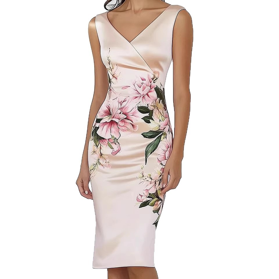 Floral Print V-Neck Sleeveless Bodycon Midi Dress with Back Zipper