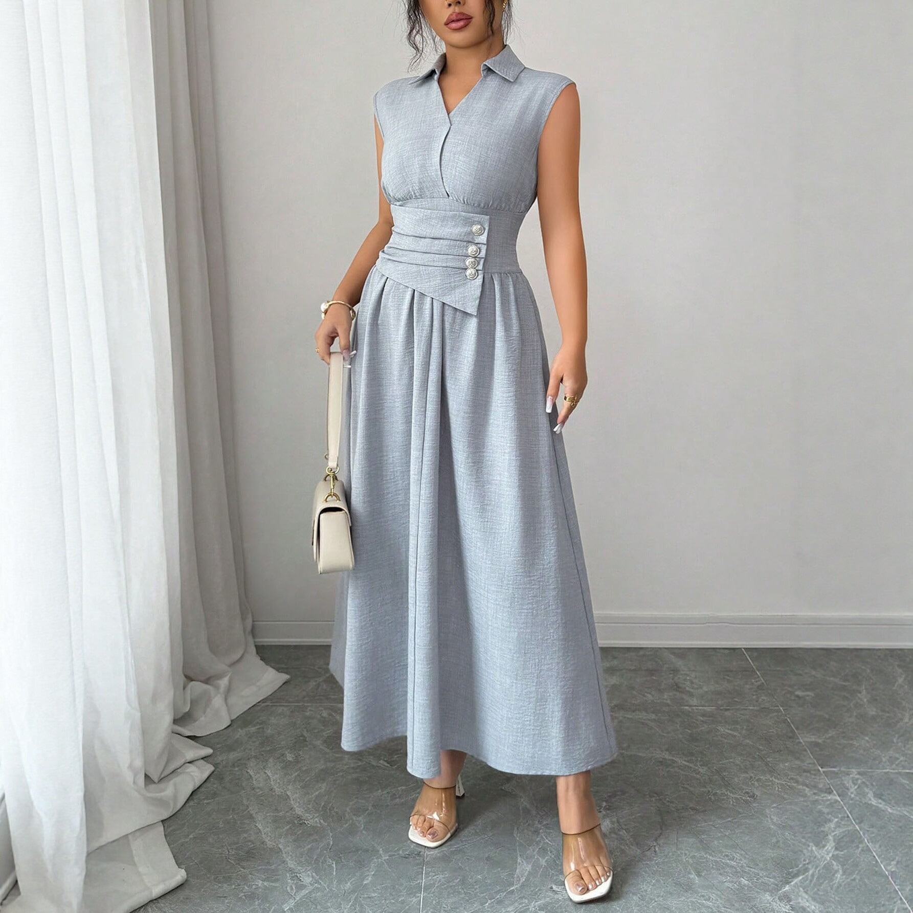 V-Neck Sleeveless Ruffle A-Line Midi Dress