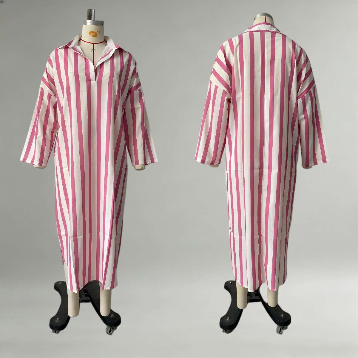 Women's Loose V-Neck Striped Long Shirt Dress with 3/4 Sleeves