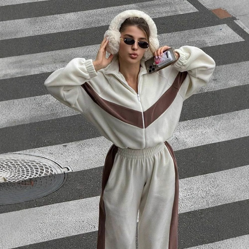Women's Casual Colorblock Zip Cardigan and Pants Two-Piece Set