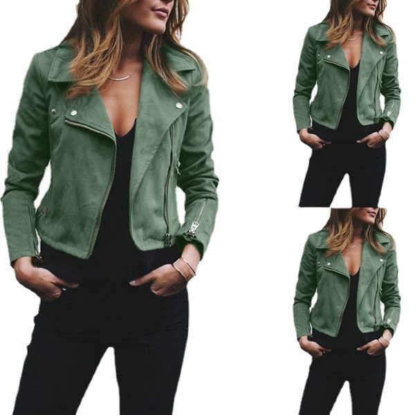 Women's Faux Suede Cropped Jacket with Lapel Collar and Asymmetric Zip