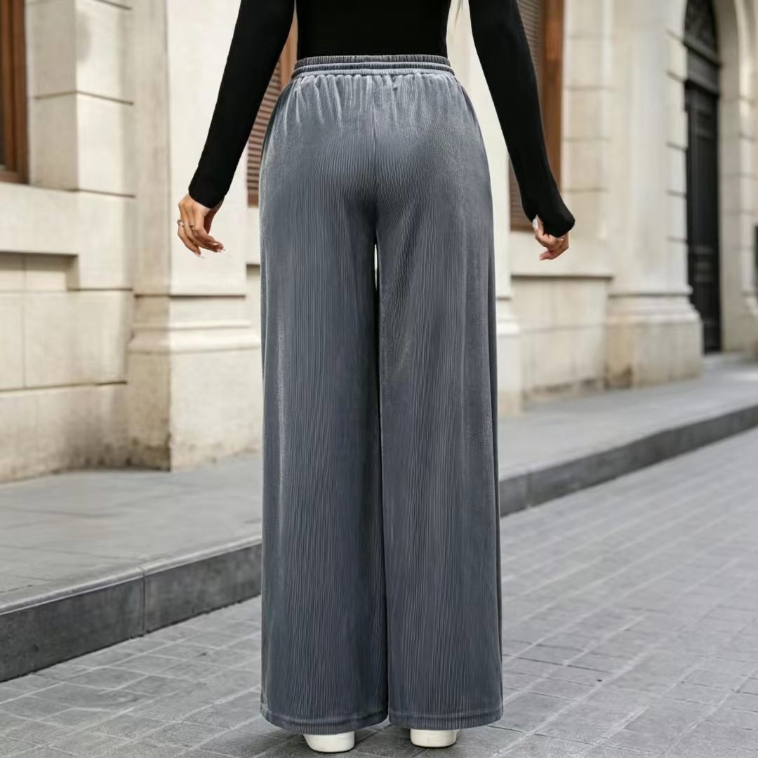 High-Waist Drawstring Wide-Leg Velvet Pants