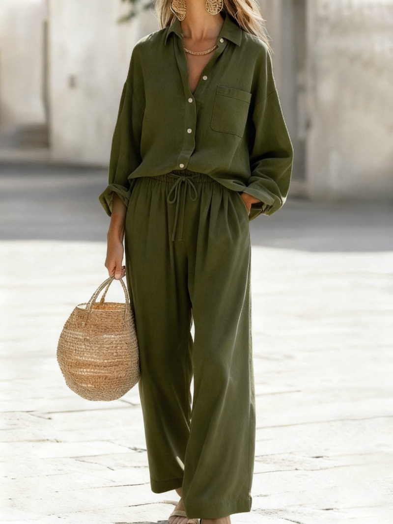 Women's Solid Color Faux Linen Long Sleeve Shirt and Pants Set