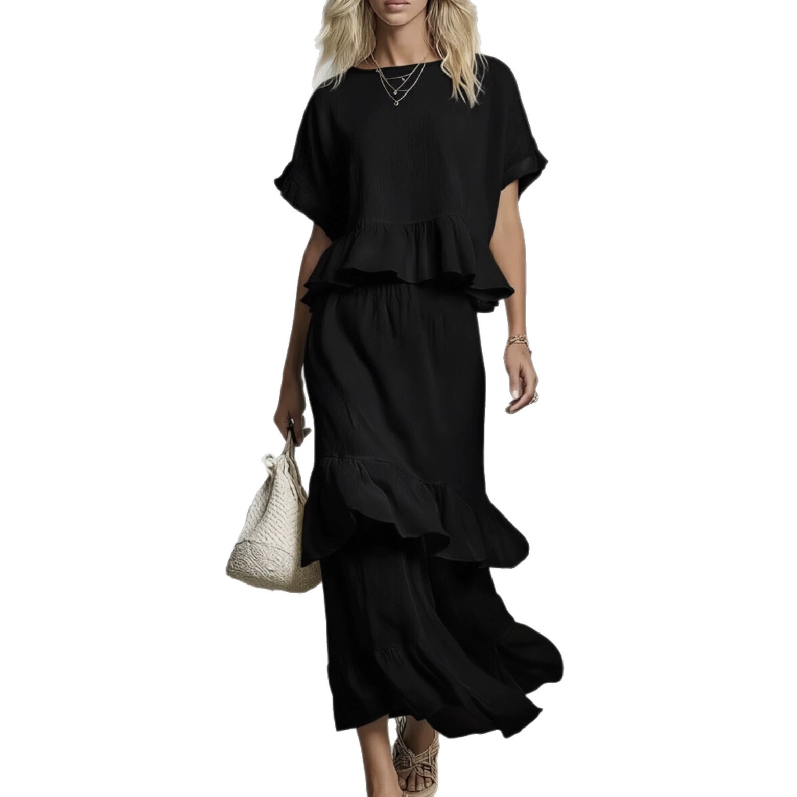 2026 Summer Cross-Border European & American Women's Wear Hot-Selling Ruffle Two-Piece Set Independent Site High-Waist Ruffle Long Skirt