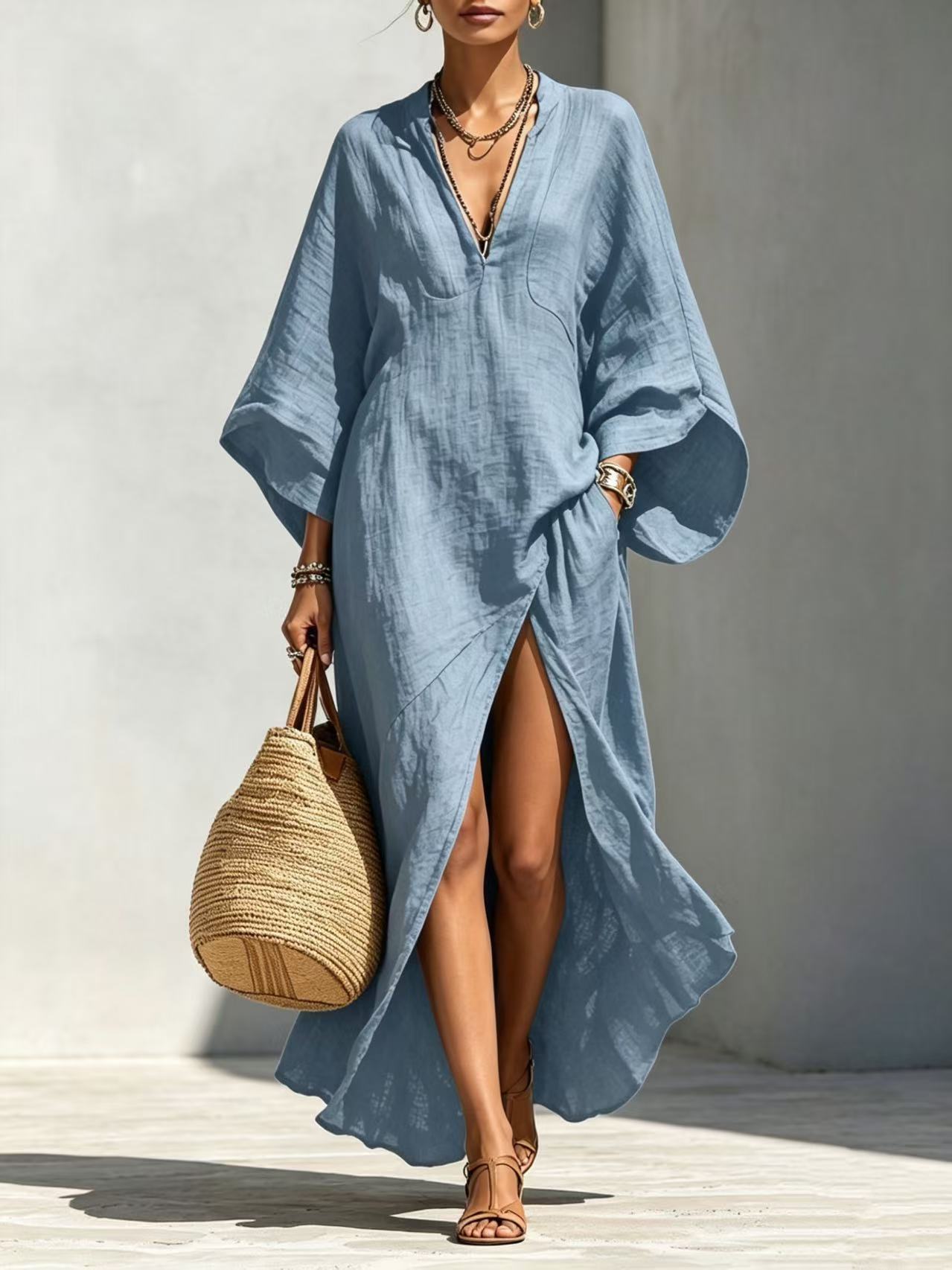 V-Neck Batwing Sleeve Loose Long Vacation Dress