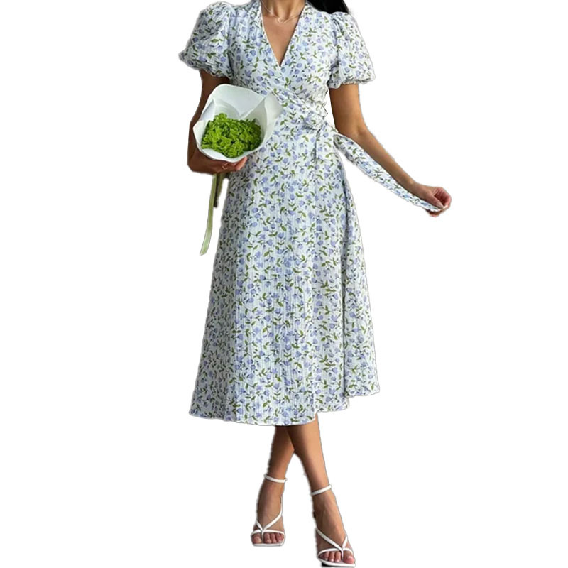 Floral Print Puff Sleeve High Waist Long Dress