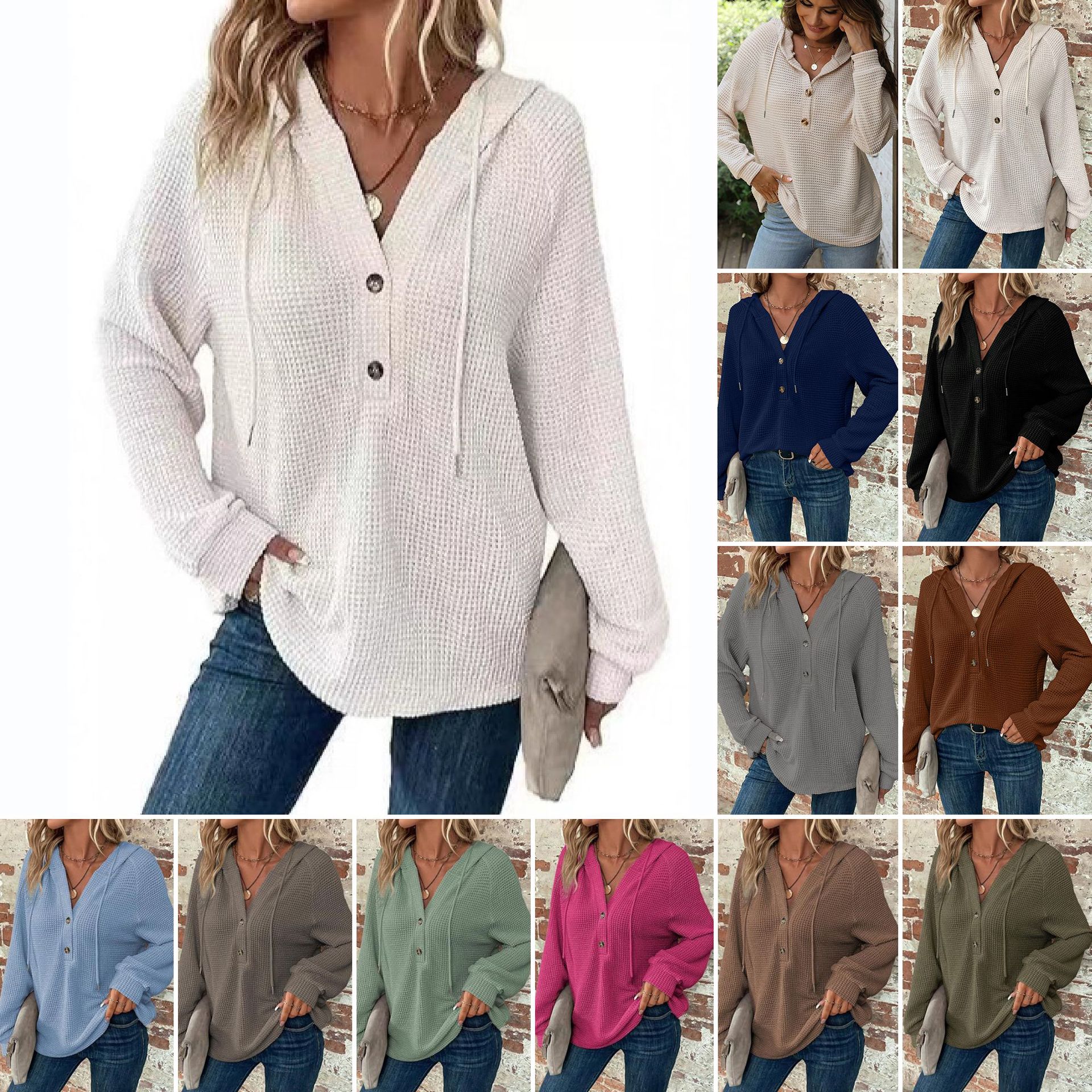 Women's Solid Color Long Sleeve V-Neck Hooded Button Sweatshirt