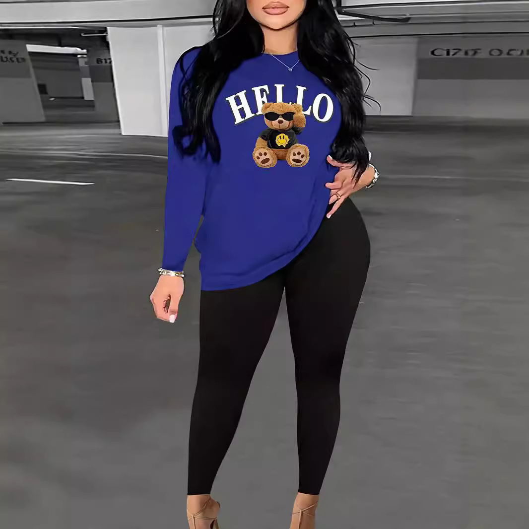 Letter Heart Print Loose Casual Round Neck Two-Piece Pants Set