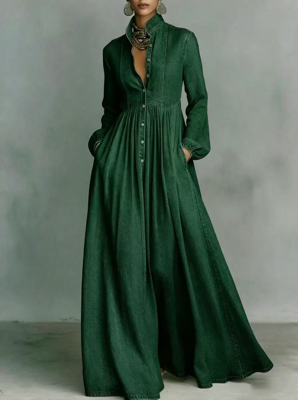 Women's Denim Maxi Dress with Asymmetric One-Shoulder and Flared Skirt