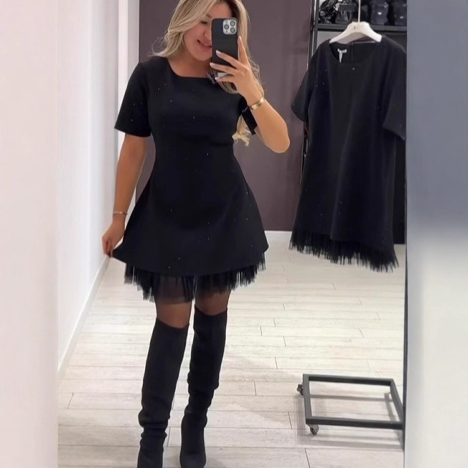 Rhinestone Hem Mesh Ruched Solid Color Commuter Dress
