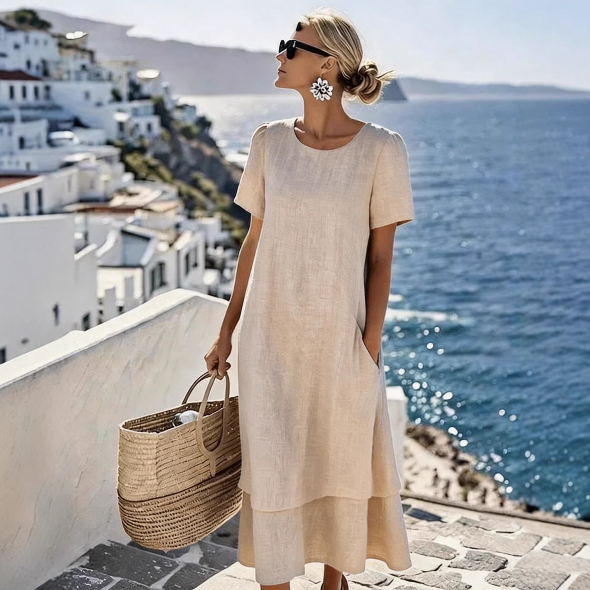 Women's Double-Layer Crew Neck Short Sleeve Midi Dress