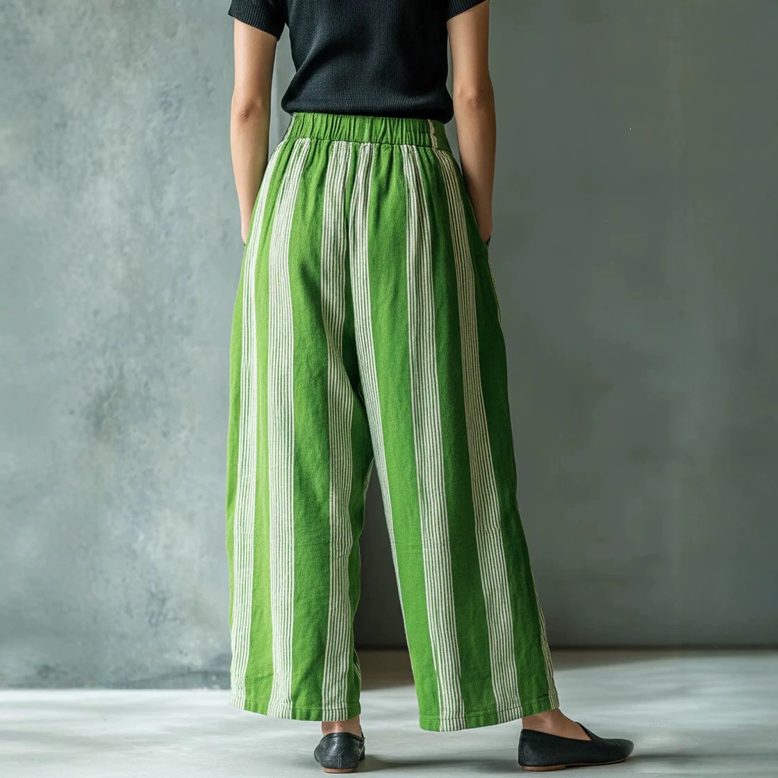 Women's Loose Striped Wide-Leg Pants Casual Vacation Linen-Blend High Waist