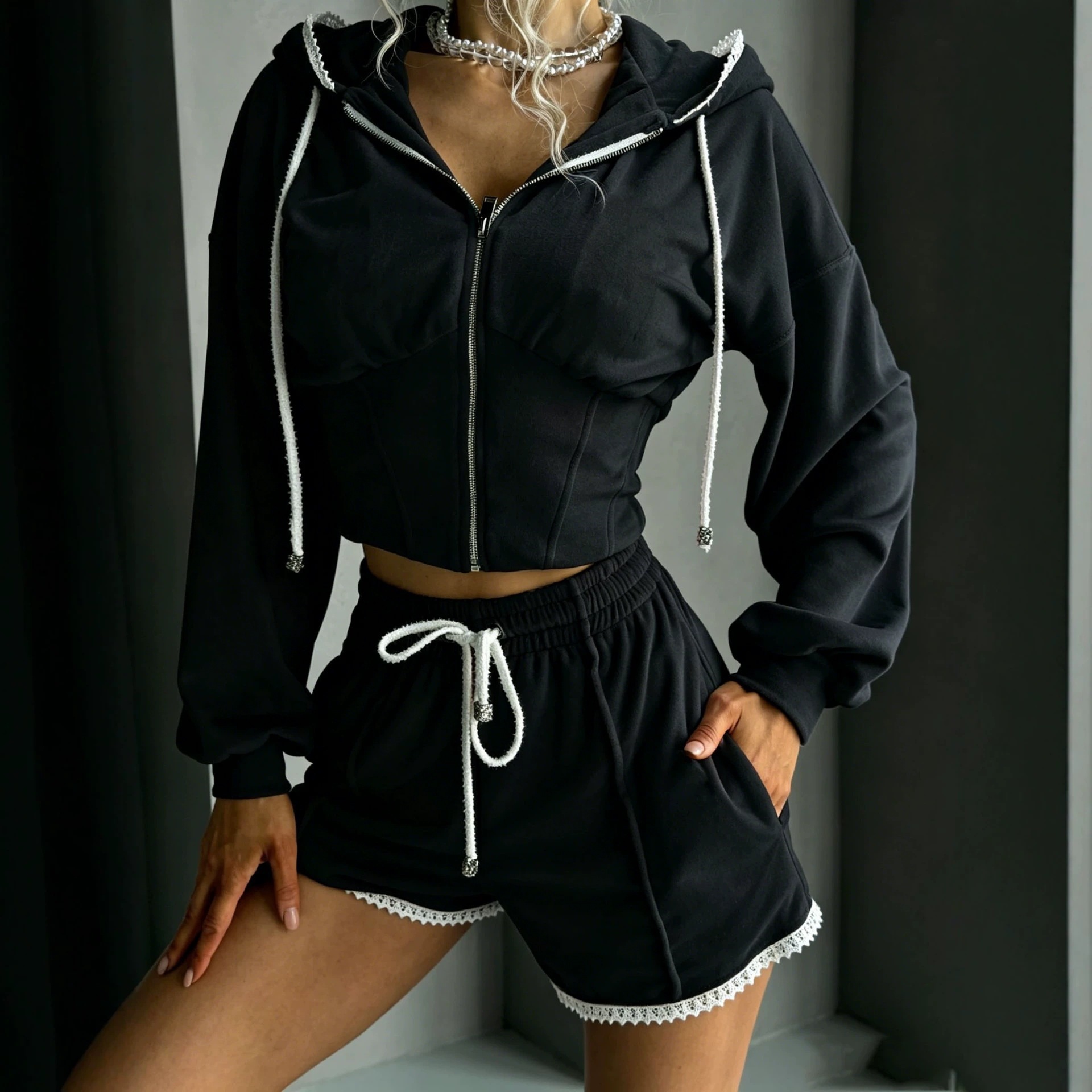 Velvet Colorblock Long-Sleeve Cardigan & Shorts Two-Piece Set