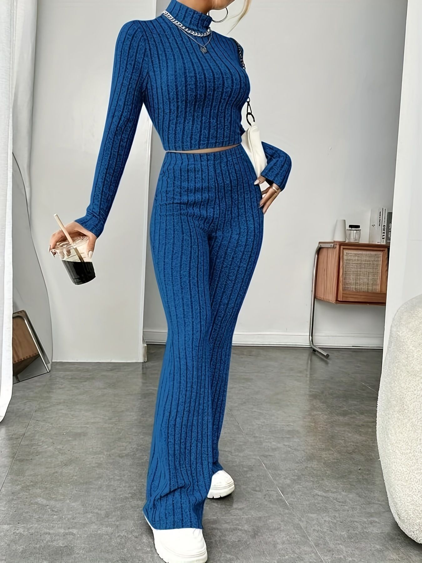 Women's Ribbed Knit Long Sleeve Two-Piece Set
