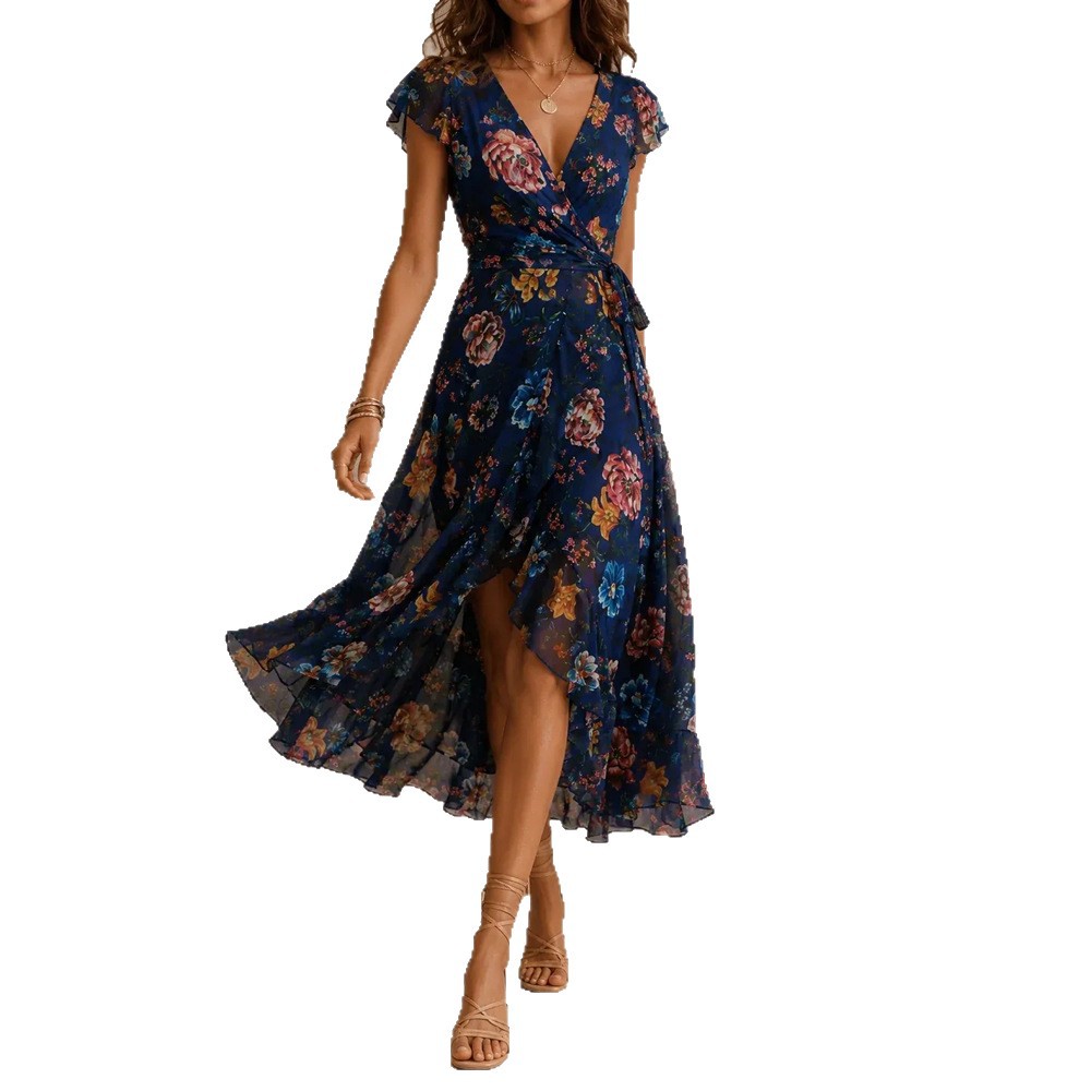 V-Neck Irregular 3D Digital Print Maxi Dress