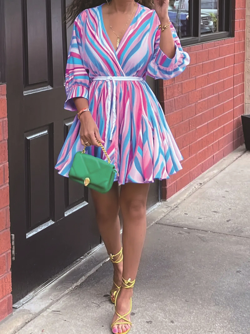 Colorful Striped V-Neck A-Line Dress with Belt, 3/4 Sleeve