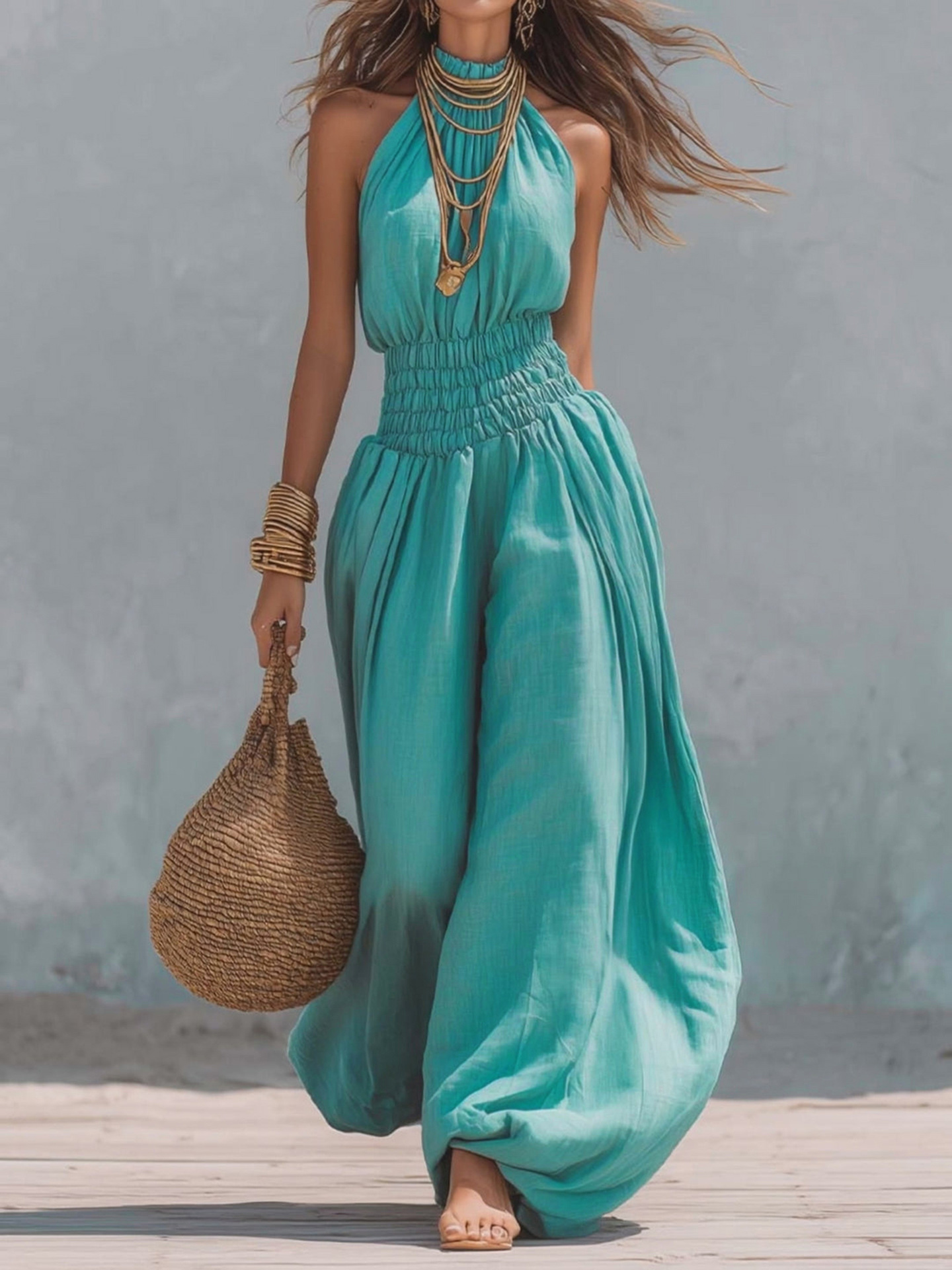 Women's Sleeveless Halter Lantern Jumpsuit Streetwear Solid Color